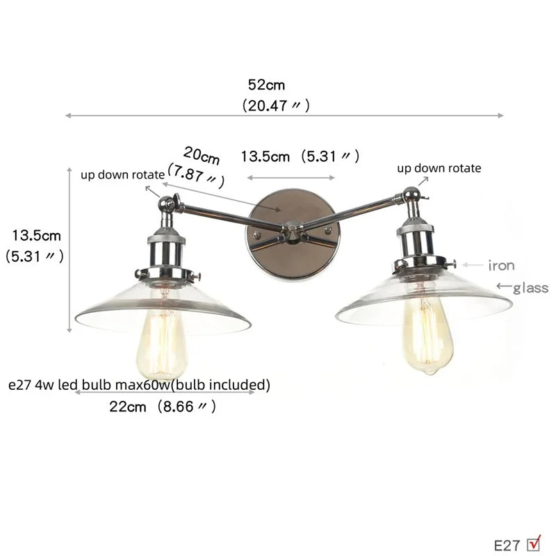 Helnys 2-Head LED Wall Sconce with Pull Chain Switch for Home, Coffee Bar, Bathrooms