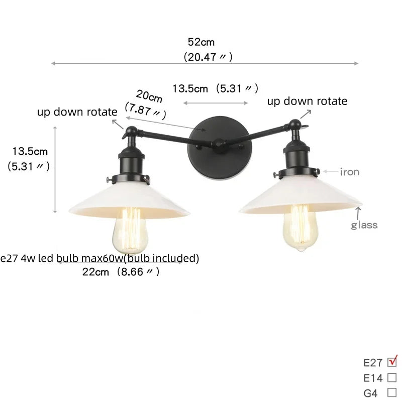 Helnys Industrial LED Wall Light with White Glass, Pull Chain Switch, 2 Heads