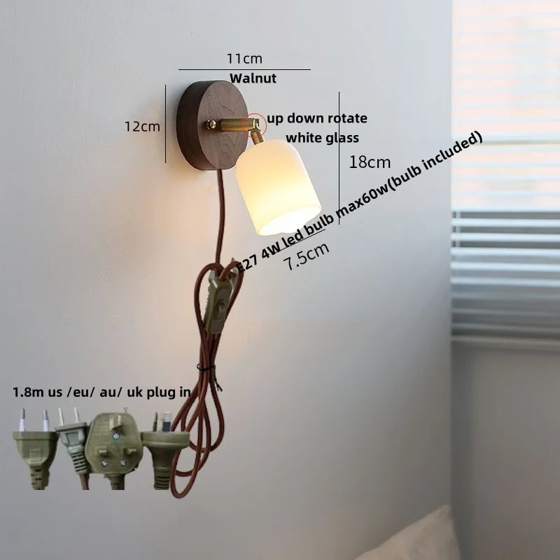 Helnys Nordic Modern Walnut Wood Wall Light with LED, Glass Shade & Pull Chain Switch