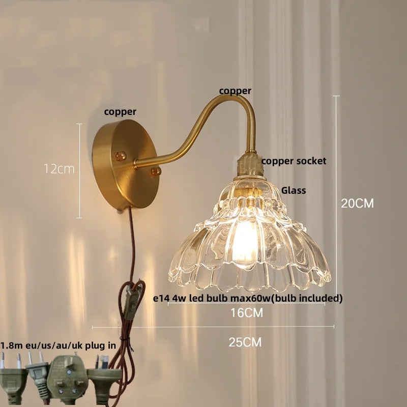 Helnys Loft LED Wall Sconce Pull Chain Switch Pink Glass Stair Light