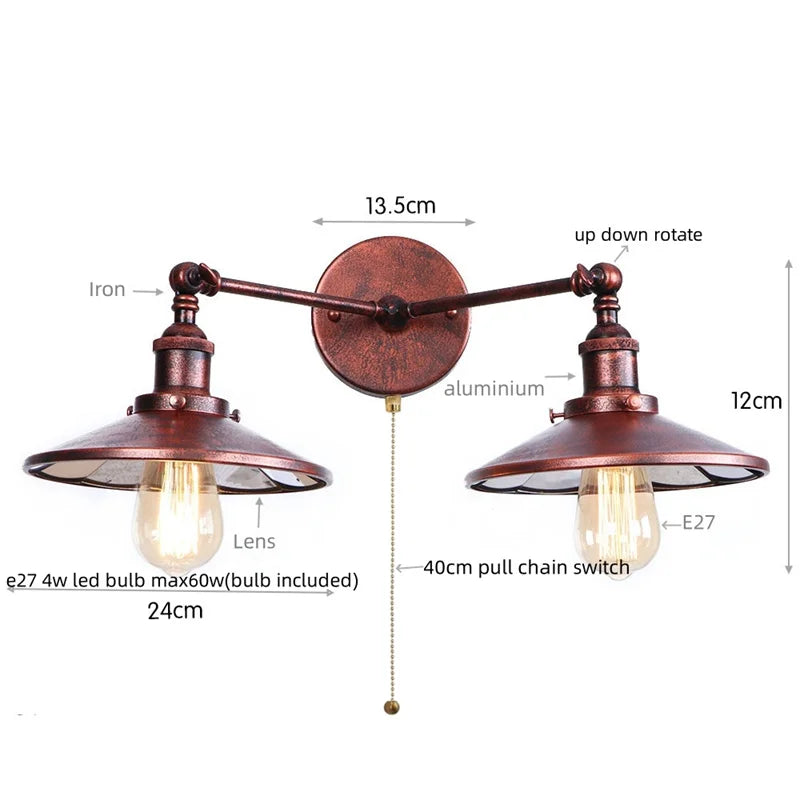 Helnys Dual LED Wall Light: Industrial Vintage Plug-In Lamp, Adjustable Loft Lighting