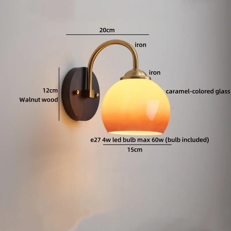 Helnys Nordic Round Glass LED Wall Lights with Wood Base
