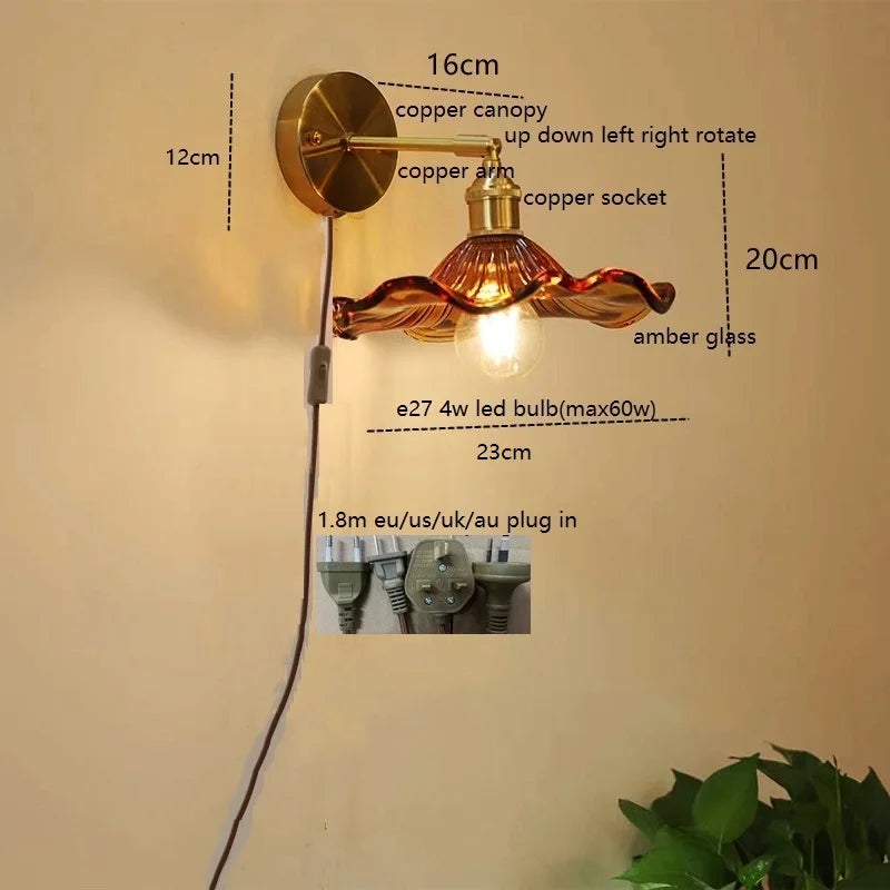 Helnys Green Glass Copper LED Wall Sconce with Pull Chain - Nordic Modern Wandlamp