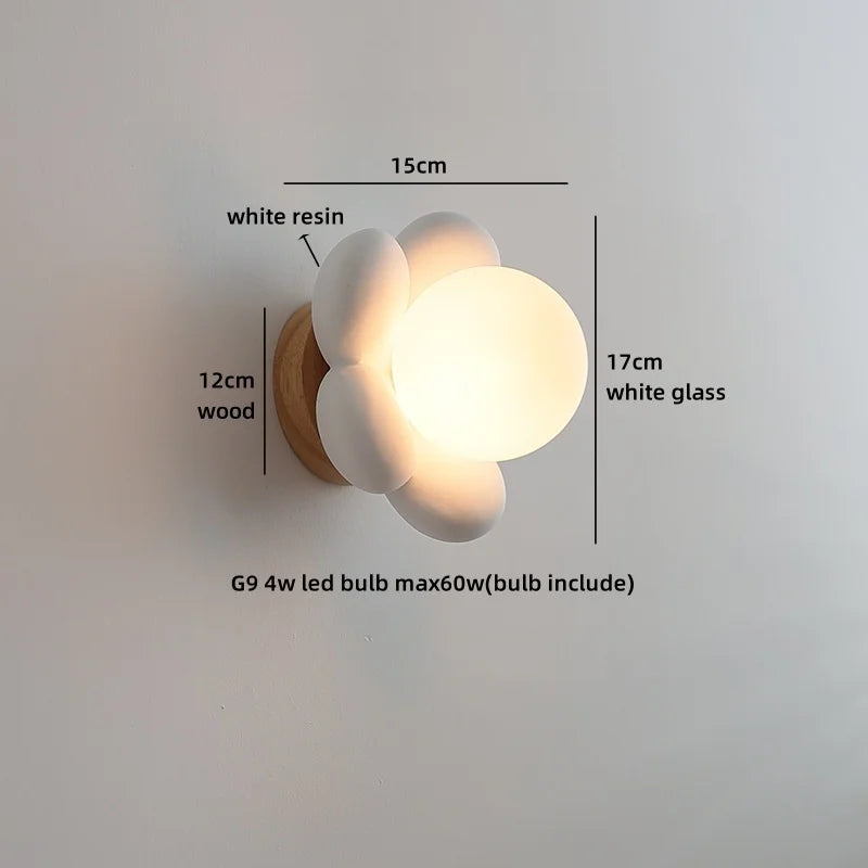 Helnys Flower Shape LED Wall Sconce Lamp for Kids Room White Resin Glass Ball