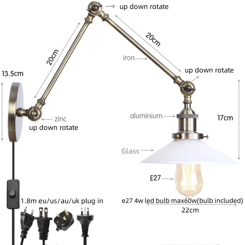 Helnys Vintage Clear Glass LED Wall Lamp with Pull Chain Switch