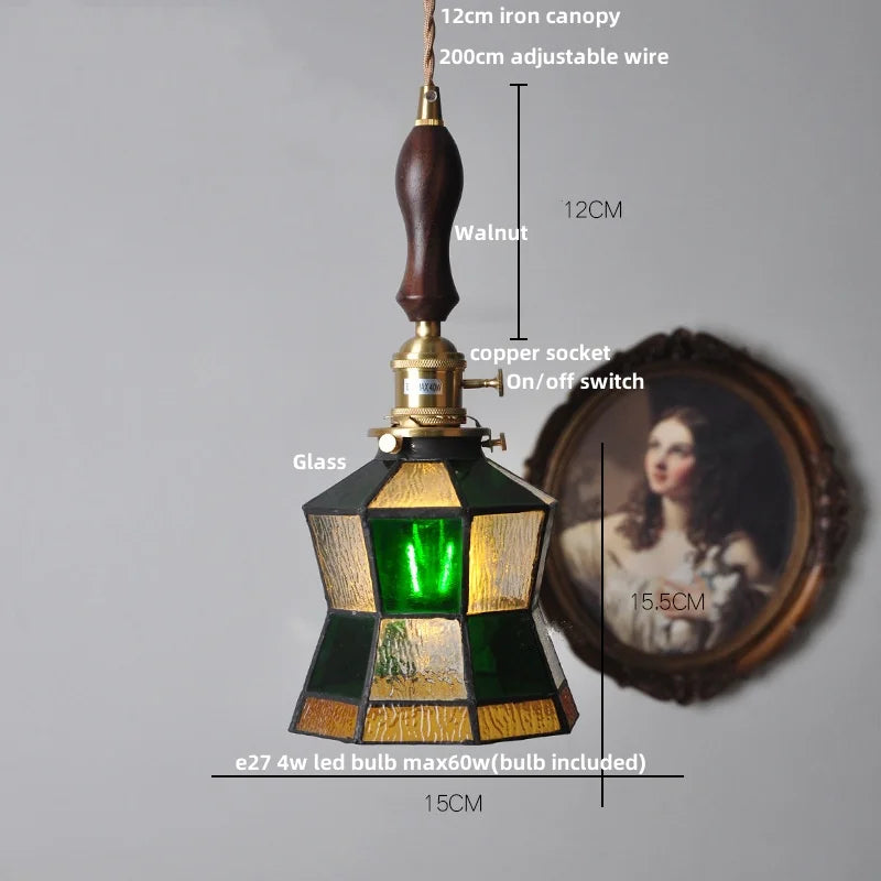 Helnys Amber Glass LED Pendant Light Fixture with Walnut Wood Bar and Adjustable Wire