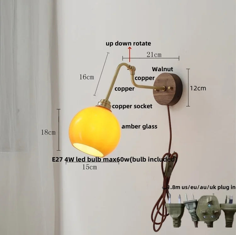 Helnys Amber Glass Wall Lights with Pull Chain Switch and Walnut Canopy