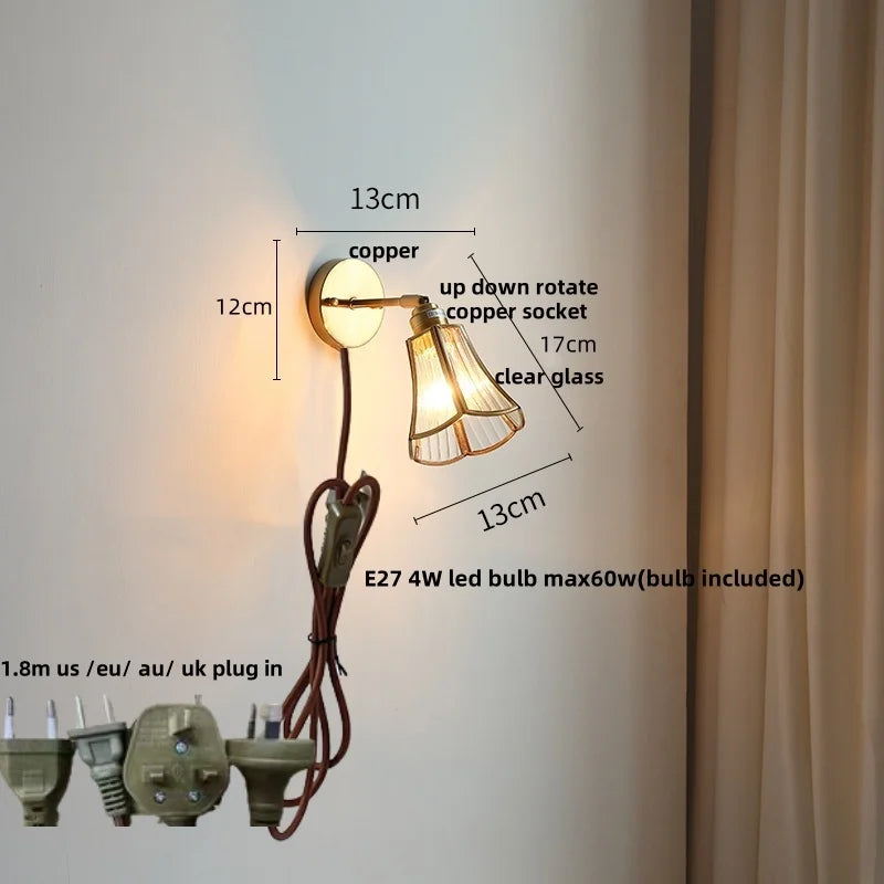 Helnys Copper LED Wall Lights Clear Glass Pull Chain Switch - Modern Nordic Style