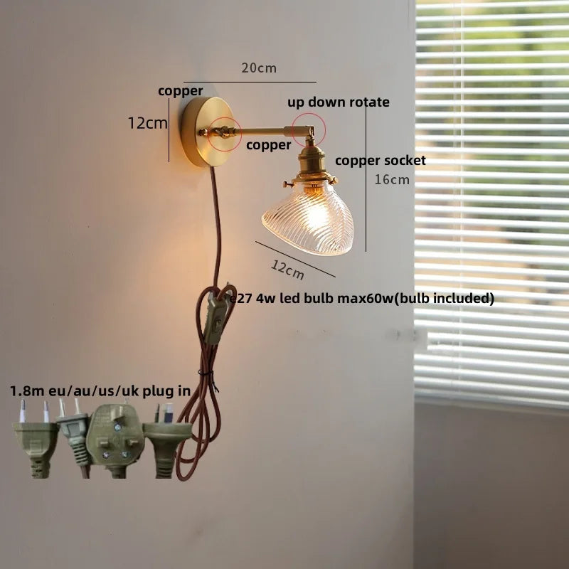 Helnys Brass Swing Arms LED Wall Light, Modern Nordic Clear Glass Bedside Lamp