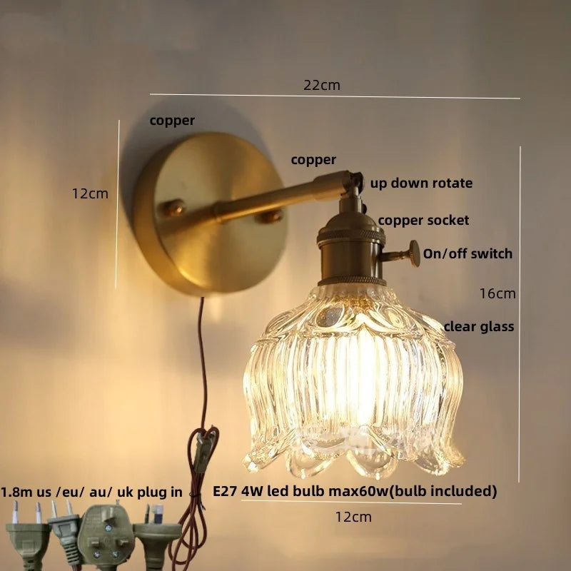 Helnys Copper Rotate LED Wall Light with Pull Chain Switch - Modern Glass Bedside Lamp