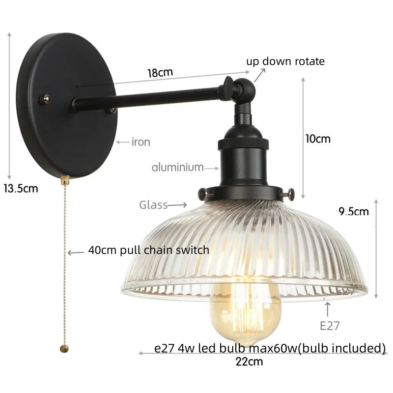 Helnys Vintage LED Wall Light with Pull Chain Switch, Rustic Industrial Bedside Lamp