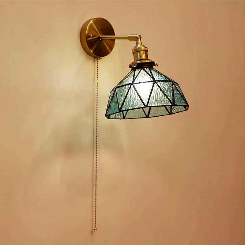Helnys Green Glass Copper LED Wall Sconce with Pull Chain - Nordic Modern Wandlamp