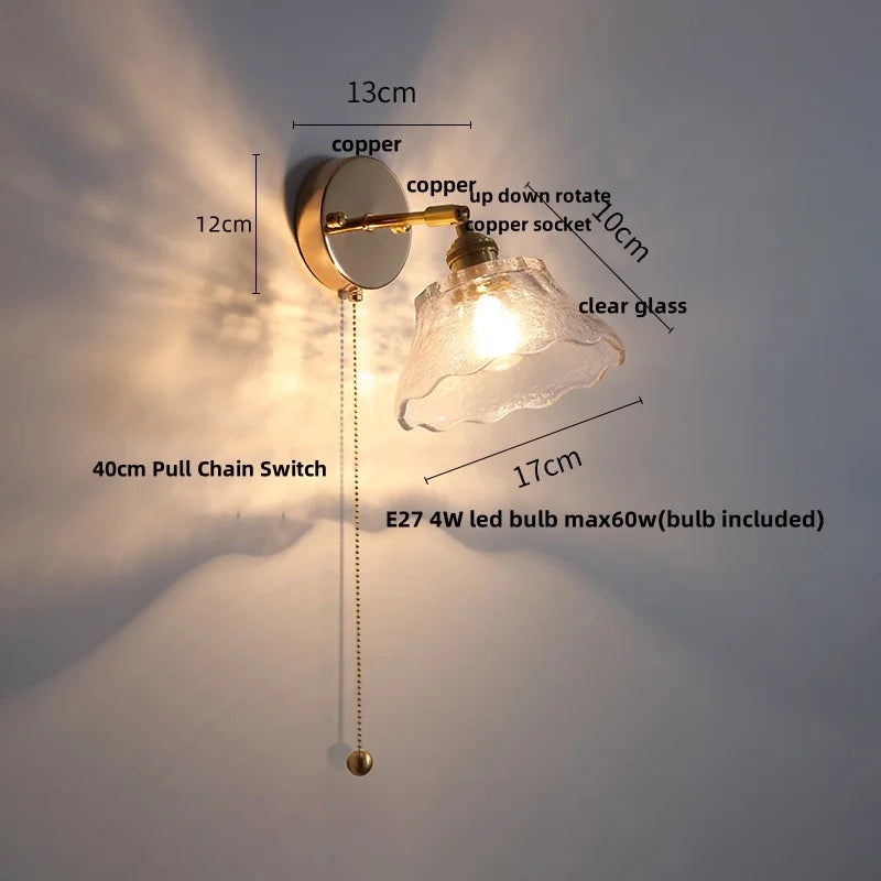 Helnys Rotatable Glass LED Wall Sconce Reading Lamp with Pull Chain Switch