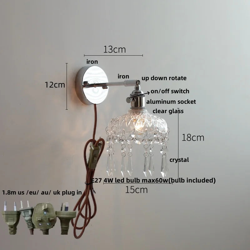 Helnys Clear Glass LED Wall Sconce Pull Chain Switch Modern Iron Bathroom Light