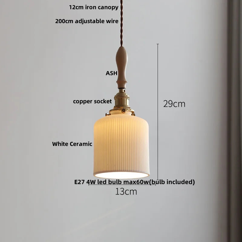Helnys Adjustable LED Pendant Lights Ash Wood White Ceramic Nordic Hanging Lamp
