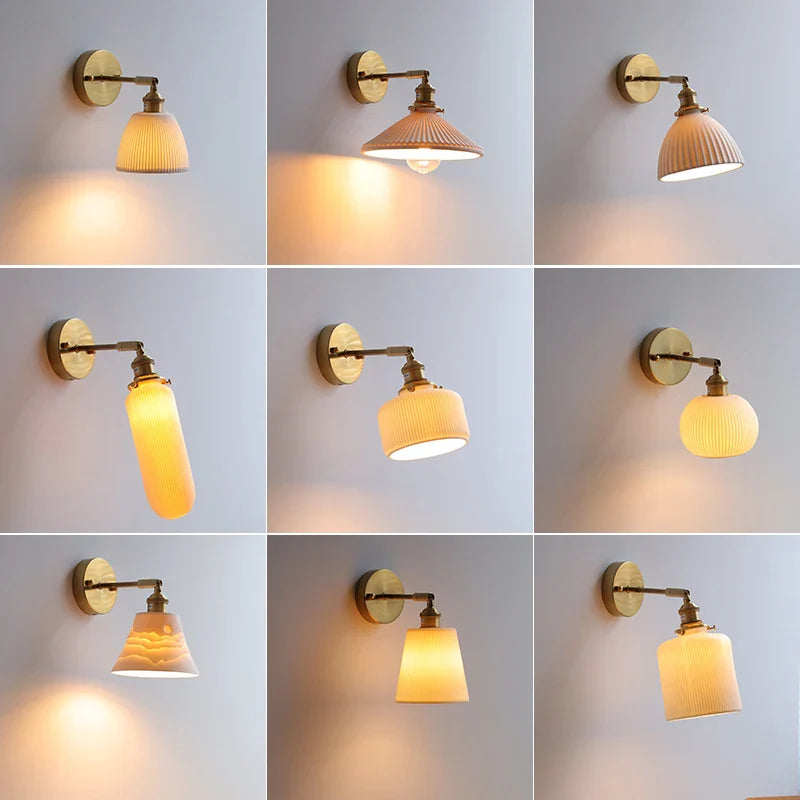 Helnys Globe White Ceramic LED Wall Sconce with Pull Chain Switch & Rotate Copper Mirror Light