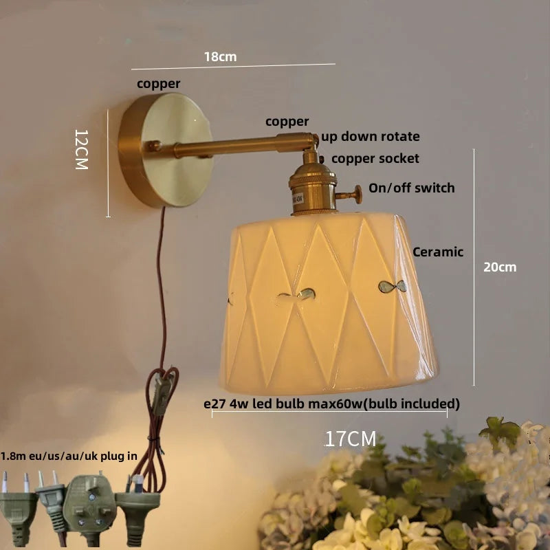 Helnys Copper Ceramic LED Wall Light Fixture with Pull Chain Switch