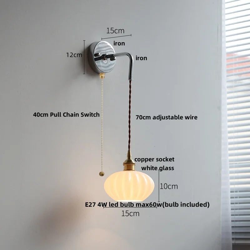 Helnys Ceramic LED Wall Sconce, Pull Chain Switch Bathroom Mirror Light