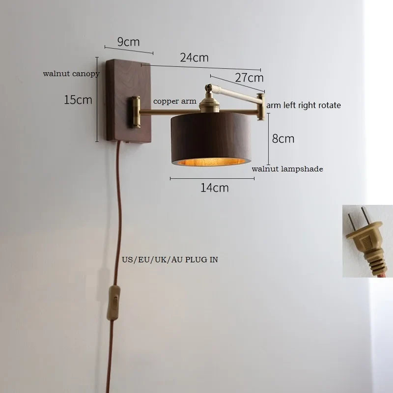 Helnys LED Wall Sconce Lamp Walnut Ash Wood with Pull Chain Switch