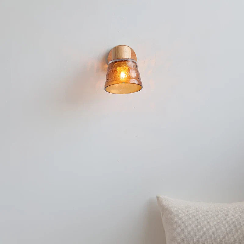Helnys Amber Glass LED Wall Sconce Wood Pull Chain Switch Stair Light
