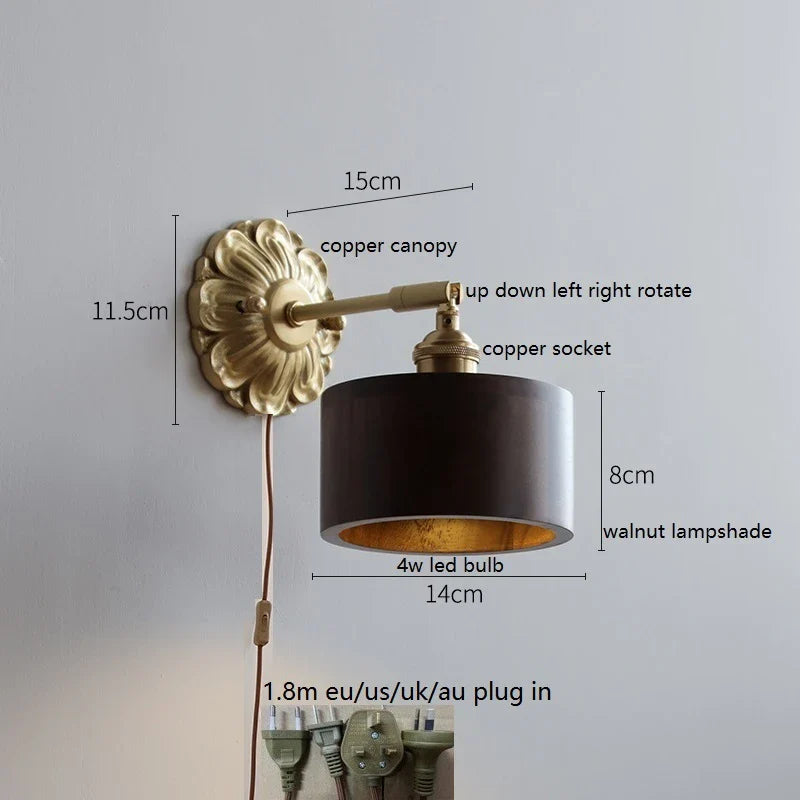 Helnys LED Wall Sconce Switch Wood Bedroom Living Room Copper Arm Wall Light