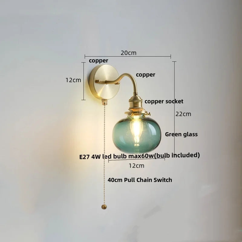 Helnys Green Class Ball LED Wall Light Fixture - Copper Socket Pull Chain Switch