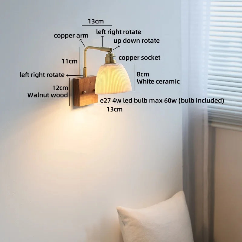 Helnys Vintage Brass Ceramic LED Wall Lamp with Pull Chain Switch