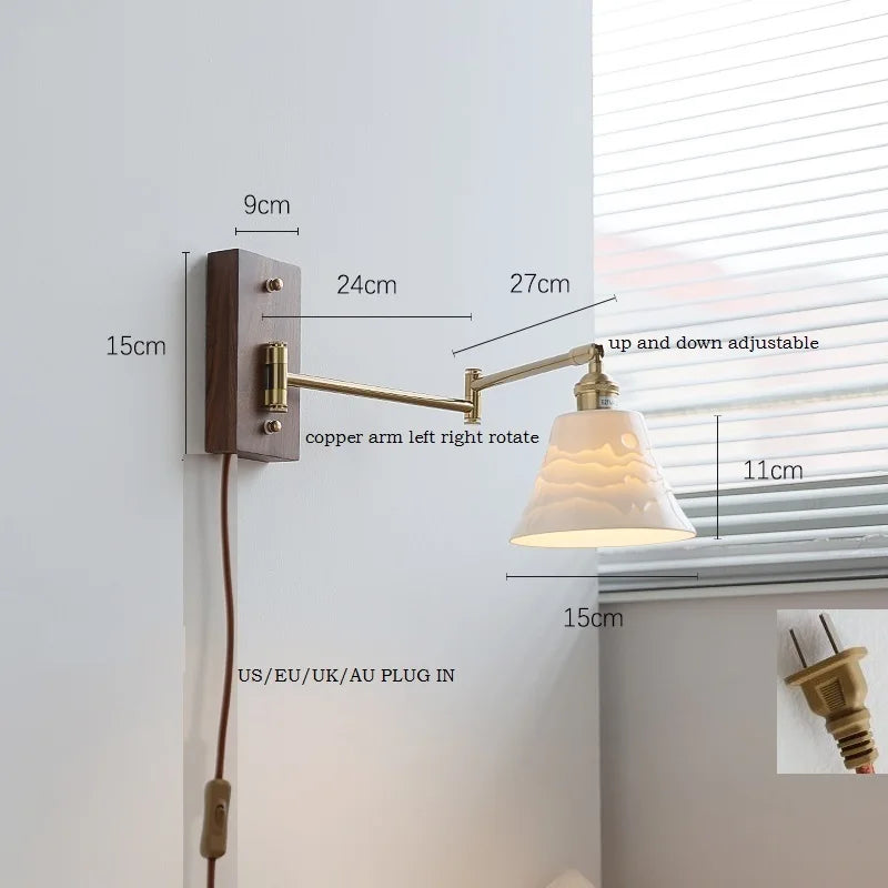 Helnys Ash Wood Canopy LED Wall Sconce Pull Chain Switch Rotate Bedroom Lamp