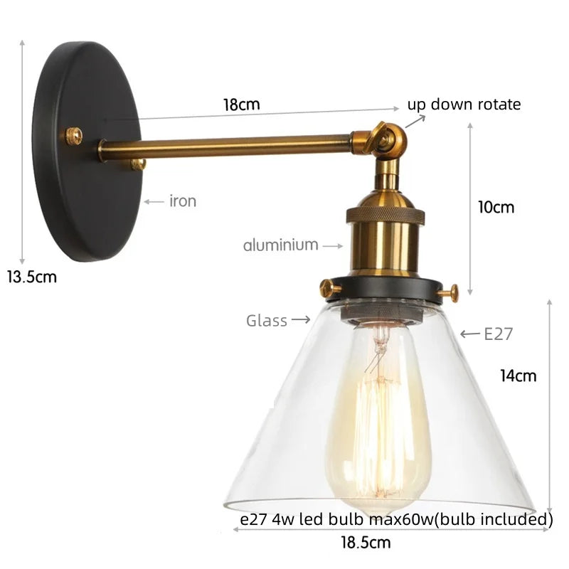Helnys Clear Glass Iron LED Wall Lamps Stair Light Fixtures Rustic Industrial Vintage