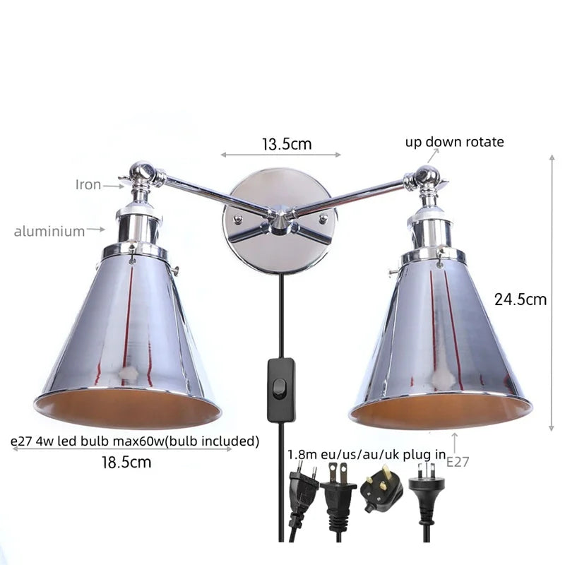 Helnys Loft Plug LED Wall Lamps 2 Heads Industrial Silver Vintage Lighting