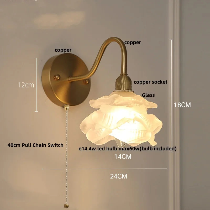 Helnys Loft LED Wall Sconce Pull Chain Switch Pink Glass Stair Light