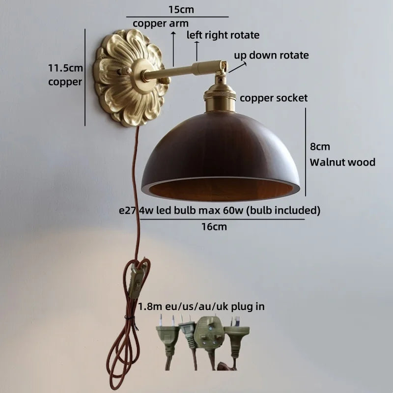 Helnys Industrial LED Wall Sconce Lights Plug In Black Walnut Wood Kitchen Living Room Lamp