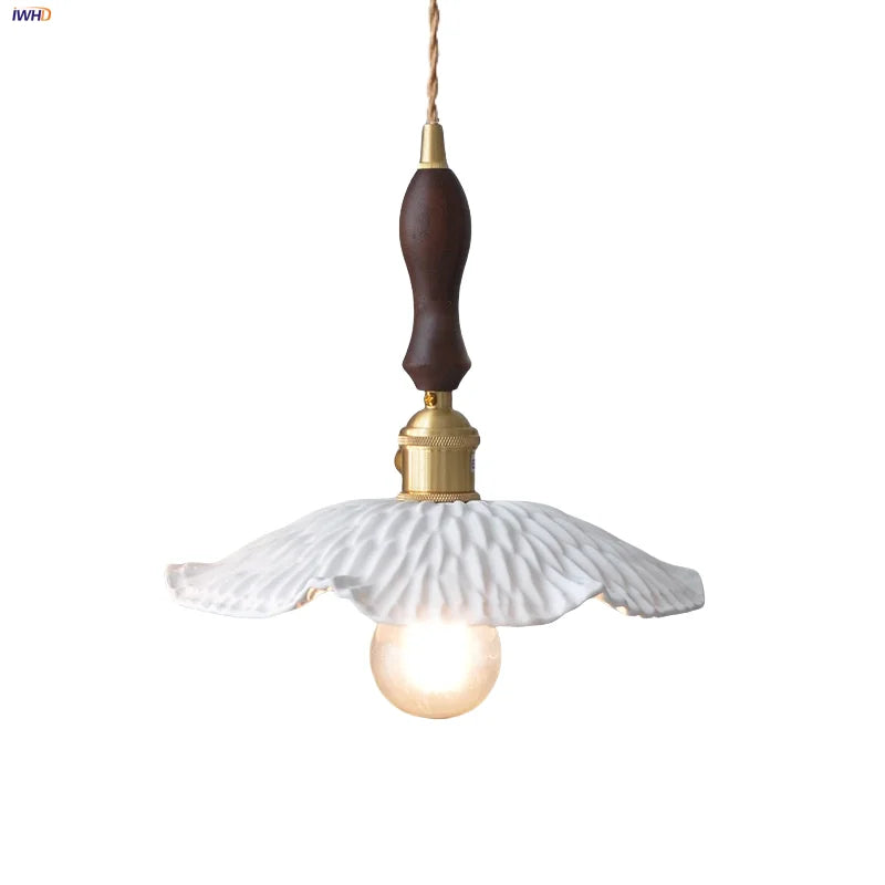 Helnys Walnut Wood LED Pendant Light with Ceramic Knob Switch