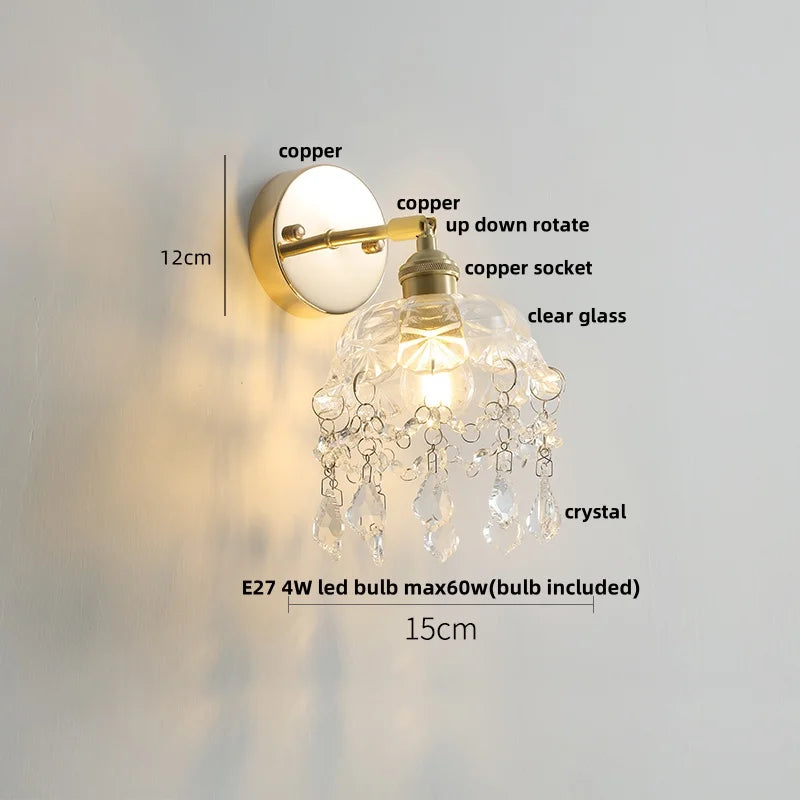 Helnys Clear Glass LED Wall Lamp Pull Chain Switch Rotatable Crystal Light