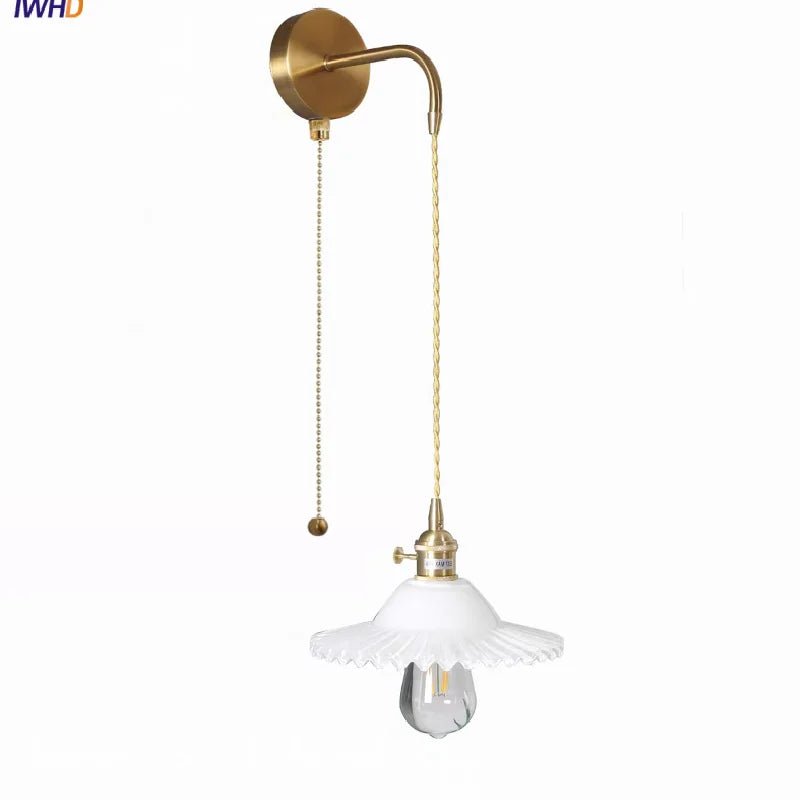 Helnys White Glass LED Wall Lamp with Pull Chain Switch - Nordic Modern Design