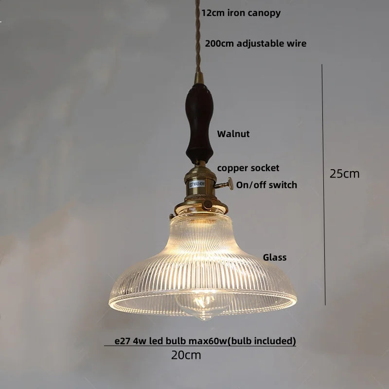 Helnys Amber Glass LED Pendant Lamp Nordic Modern Walnut Wood Copper Hanging Light