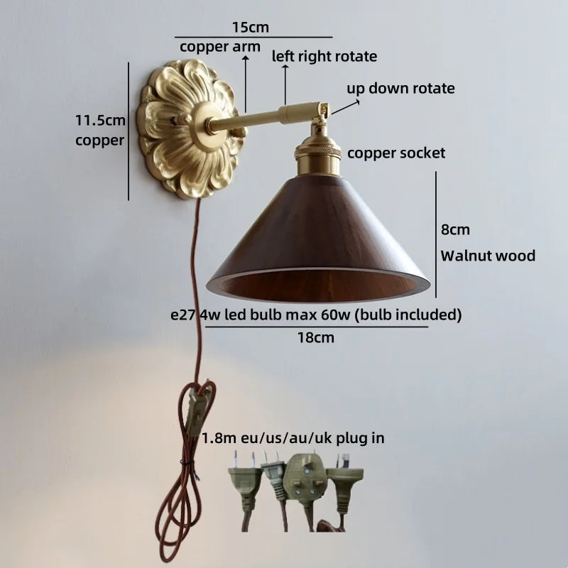 Helnys Industrial LED Wall Sconce Lights Plug In Black Walnut Wood Kitchen Living Room Lamp