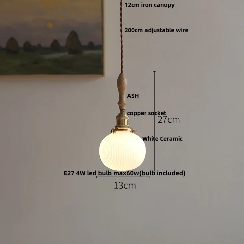 Helnys Adjustable LED Pendant Lights Ash Wood White Ceramic Nordic Hanging Lamp