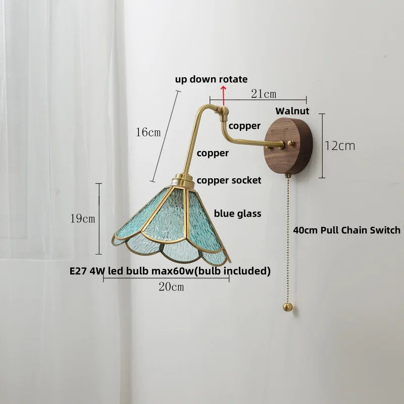 Helnys Amber Glass Wall Lights with Pull Chain Switch and Walnut Canopy