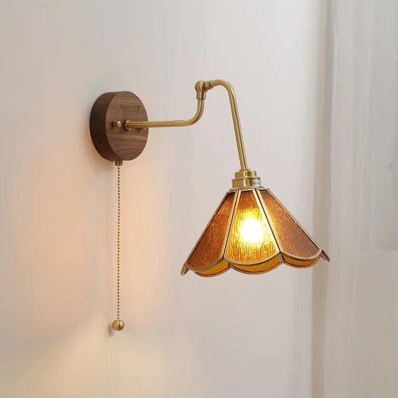 Helnys Green Glass Copper LED Wall Lamp with Pull Chain Switch and Walnut Wood Base
