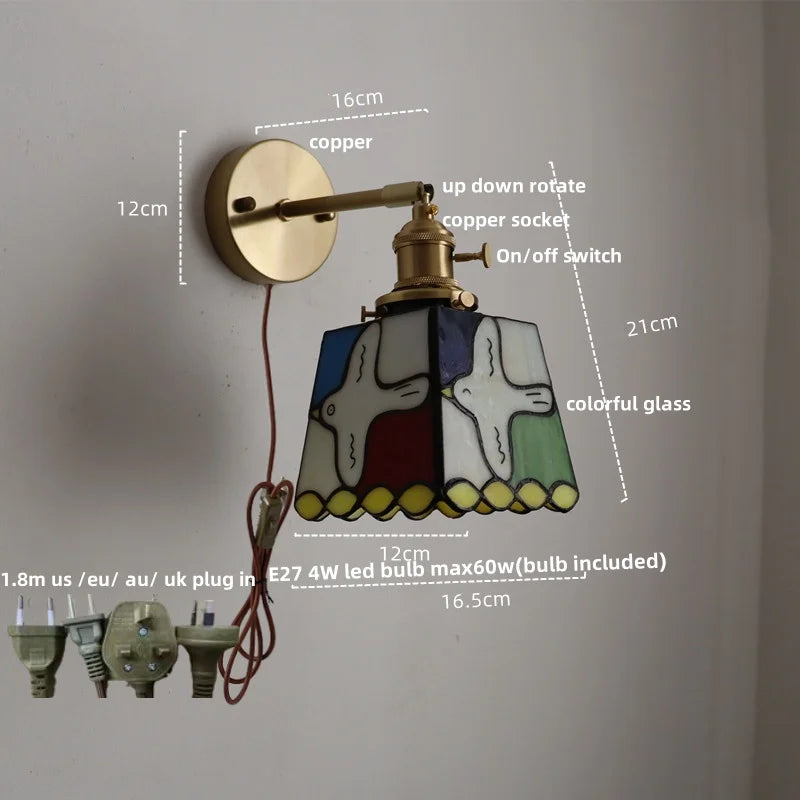 Helnys Tiffany Style Glass Pull Chain Wall Light Rotation Dining Bedroom Fixture