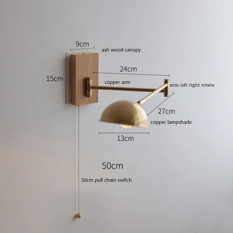 Helnys Ash Wood Canopy LED Wall Sconce Pull Chain Switch Rotate Bedroom Lamp