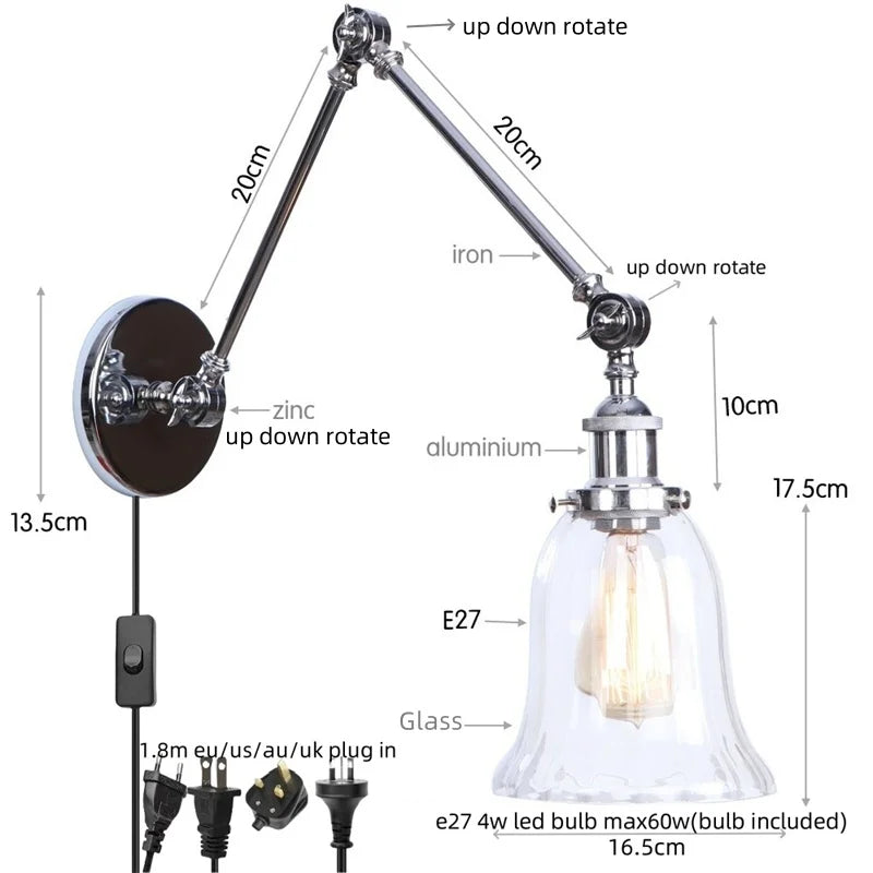 Helnys Chrome Industrial Swing Arm LED Wall Sconce Clear Glass Lamparas De Pared