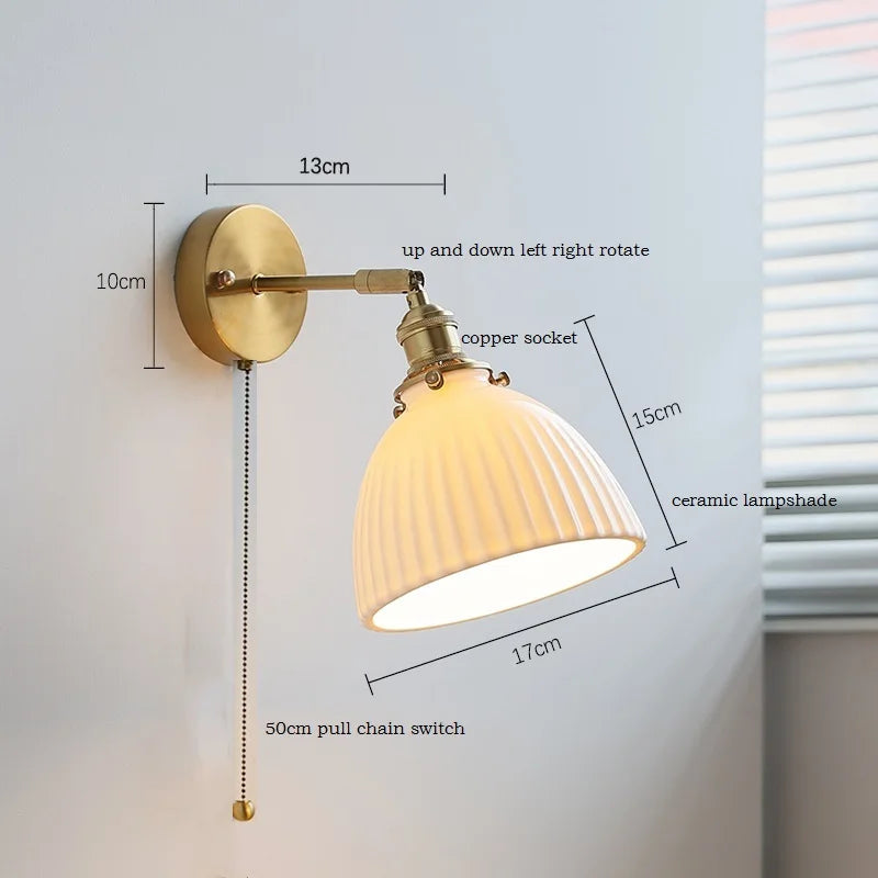Helnys Nordic Ceramic LED Wall Sconce with Switch for Bedroom Living Room