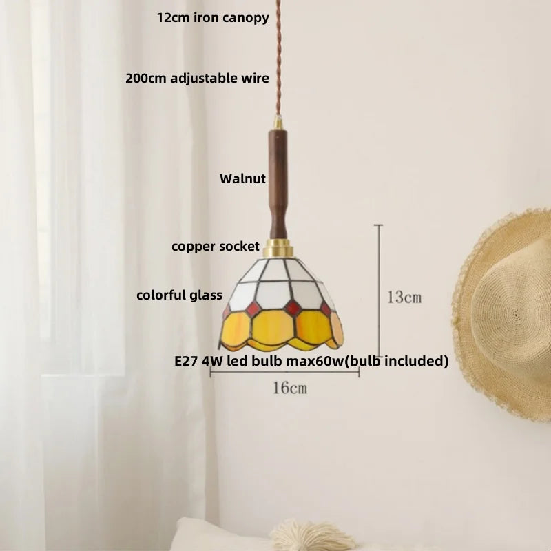 Helnys Amber Glass LED Pendant Light Fixture with Walnut Wood Bar and Adjustable Wire