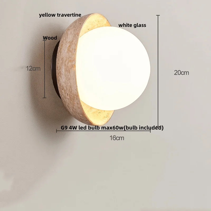 Helnys LED Wall Light with Wood Base, Natrual Yellow Travertine, Nordic Modern Design