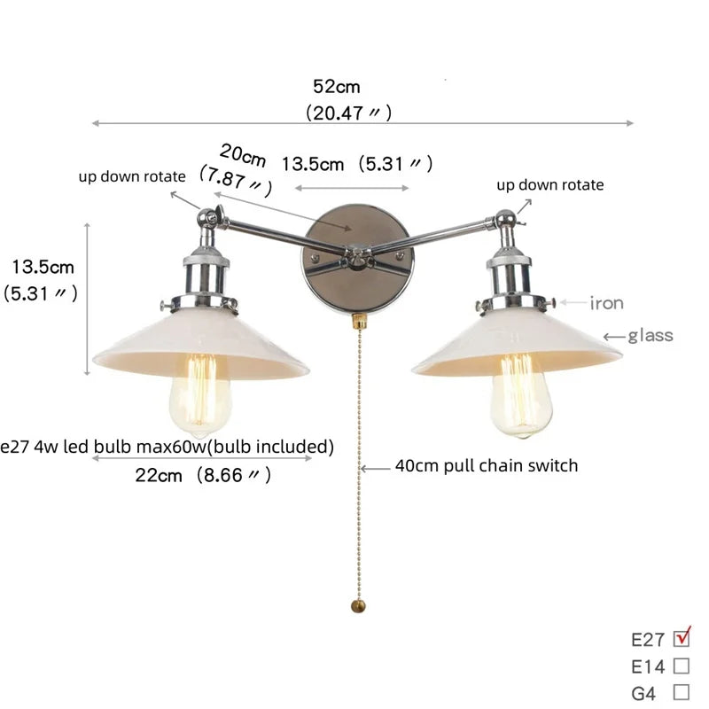 Helnys Retro LED Wall Light Fixtures with Pull Chain Switch, Industrial 2 Heads Sconce