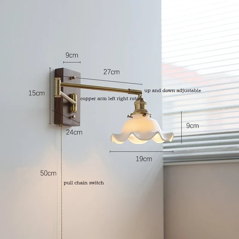 Helnys Wood Canopy Wall Sconce LED Lamp with Pull Chain Switch