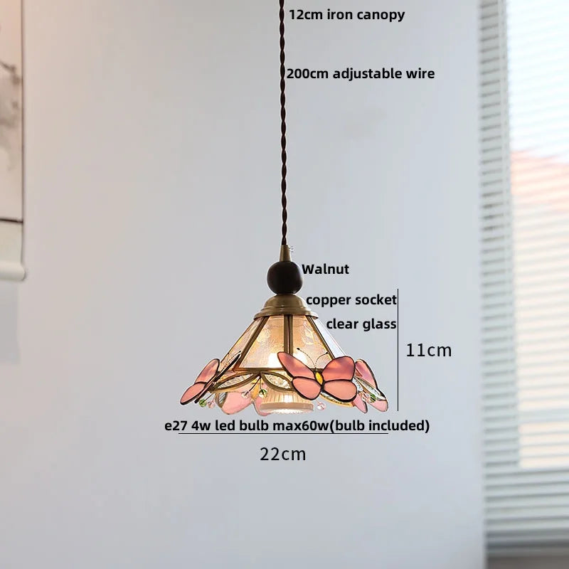 Helnys Amber Glass LED Pendant Light Fixture with Walnut Wood Hanging Lamp Base
