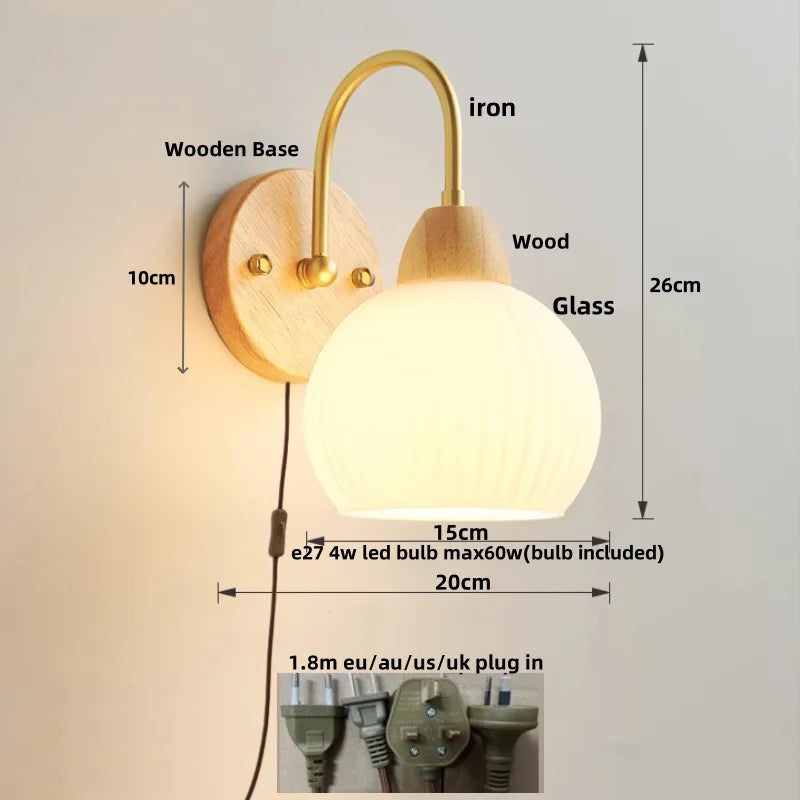 Helnys Nordic Wood Canopy LED Wall Light Fixture with Pull Chain Switch for Bedroom
